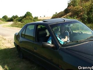 vieja perra da la cabeza en el coche entonces doggystyled